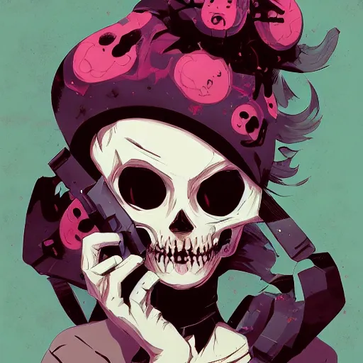 Image similar to delirium anime skull face girl portrait by petros afshar, tom whalen, laurie greasley, by greg rutkowski