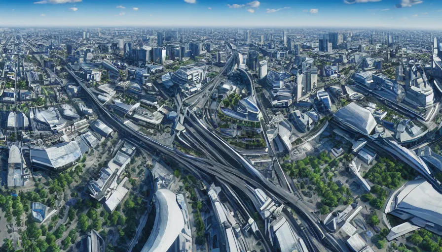 Prompt: panorama of futuristic berlin with white glass domes, blue glass buildings, highways, reichstag, square, green alley, sunny day, volumetric light, hyperdetailed, artstation, cgsociety, 8 k