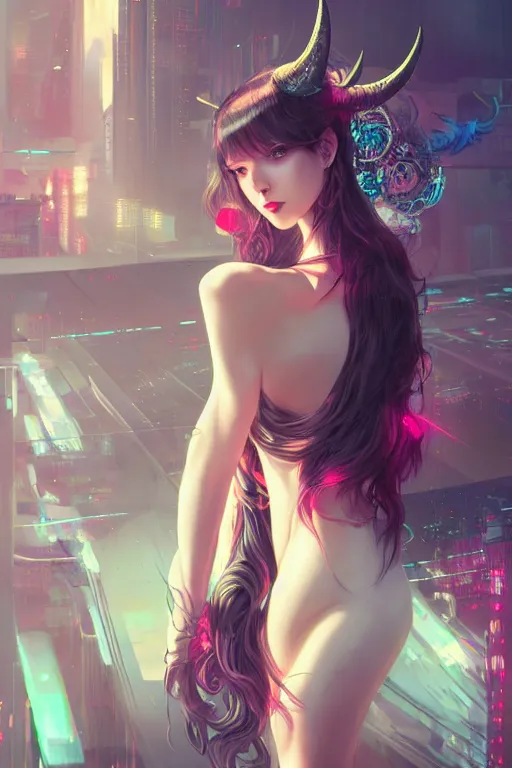 Image similar to portrait futuristic Devil Girl with horns and wings, in future cyberpunk tokyo rooftop , ssci-fi, fantasy, intricate, very very beautiful, elegant, human anatomy, neon light, highly detailed, digital painting, artstation, concept art, smooth, sharp focus, illustration, art by tian zi and WLOP and alphonse mucha