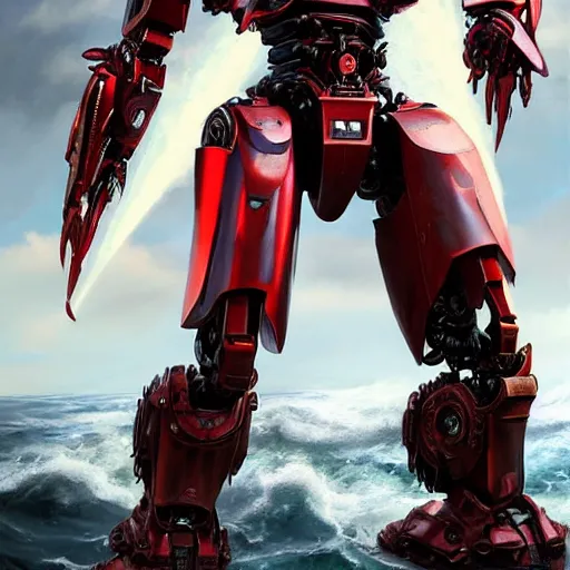 Prompt: pacific rim robot wearing shiny blood red armor holding a sword standing in the sea, full body image, steam punk, sci-fi, extremely detailed digital painting, in the style of Fenghua Zhong and Ruan Jia and Jermy lipking and peter mohrbacher, mystic colors, highly detailed, deep aesthetic, 8k, highly ornate intricate details, cinematic lighting, rich colors, digital artwork, ray tracing, hyperrealistic, photorealistic, cinematic landscape, trending on artstation,