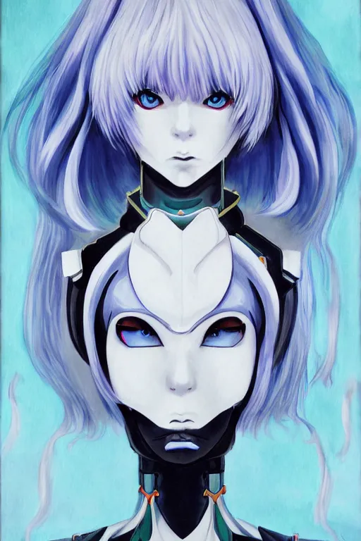 Image similar to rei ayanami, fantasy painting, grimdark, symmetry