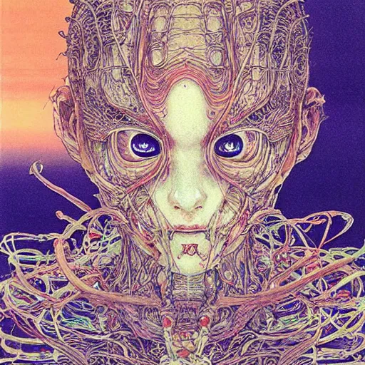 Prompt: simple concept art portrait of, ‘ the alien ’. an award winning yoshitaka amano digital art poster, by james gurney and gerhard richter. art by takato yamamoto. masterpiece, rich colours.