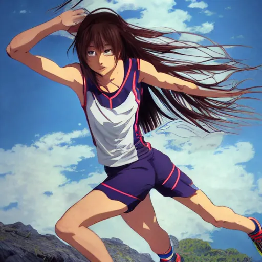 Prompt: a girl is running, sport clothing, anime style, long hair, hair down, symmetrical facial features, from yowamushi pedal, hyper realistic, highly detailed, rule of thirds, extreme detail, detailed drawing, trending artstation, realistic lighting, by alphonse mucha, greg rutkowski, sharp focus, backlit, high budget show, realistic anatomy