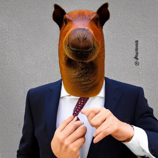 Image similar to smoking cigar, a man wearing a suit capybara head (smoking cigar)