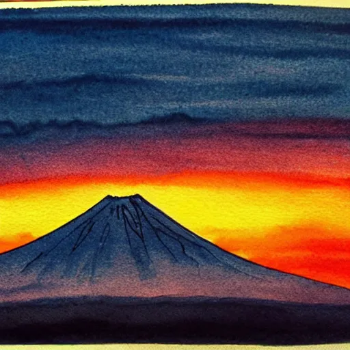 Prompt: Mount Fuji, sunset, watercolour ink