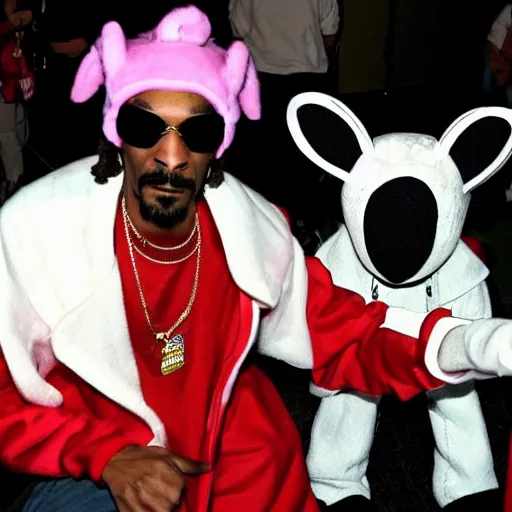 Prompt: snoop dogg as a fursuit at a furry convention, flash photography