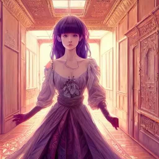 Image similar to beautiful girl in intricate clothing walking through a hallway of mirrors, very high intricate details, painting, digital anime art, medium shot, mid - shot, reflections, wlop, ilya kuvshinov, artgerm, krenz cushart, greg rutkowski, sana takeda