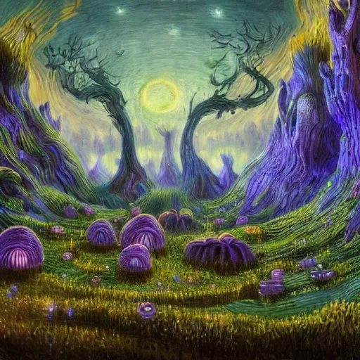 Image similar to concept art detailed painting of a dark purple fantasy fairytale fungal town made of mushrooms, with glowing blue lights, in the style of vincent van gogh and albert bierstadt and wayne barlowe