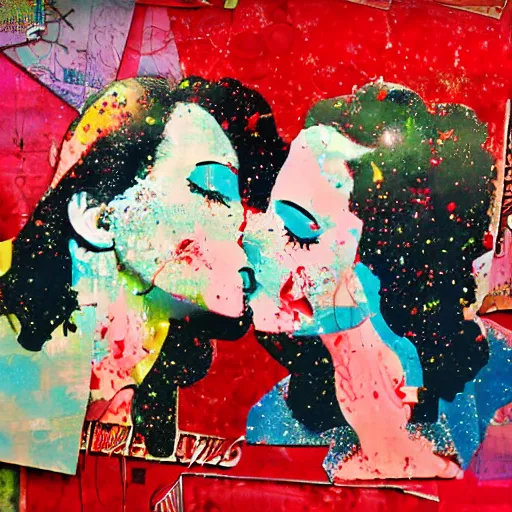 Image similar to two women kissing at a carnival, mixed media collage, retro, paper collage, magazine collage, acrylic paint splatters, double exposure,