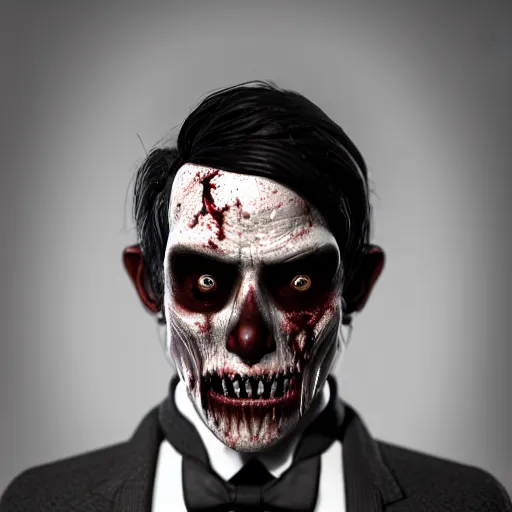 Image similar to an ultrarealistic portrait of a zombie in a tuxedo at a job interview, photorealistic, 4 k, hd, unreal engine, octane render, digital art, chiaroscuro, in the style of ansel adams, trending on artstation,