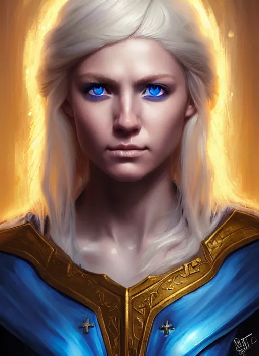 Image similar to a _ fantasy _ style _ portrait _ painting _ of timid white female paladin with blonde hair and blue eyes,, scar under left eye, holy oil _ painting _ unreal _ 5 _ daz. _ rpg _ portrait _ extremely _ detailed _ artgerm _ greg _ rutkowski _ greg