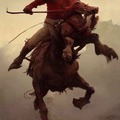 Image similar to Red ogre riding a horse, funny, portrait, Greg rutkowski