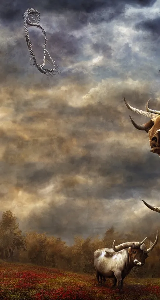 Image similar to a medium shot of a giant bull with horns decorated!!! with bells and ribbons, background is the spiral stairs heading to sky, in the steppe, autumn field, misty background, from the game pathologic 2, highly detailed, sharp focus, matte painting, by rosa bonheur, by isaac levitan and asher brown durand,