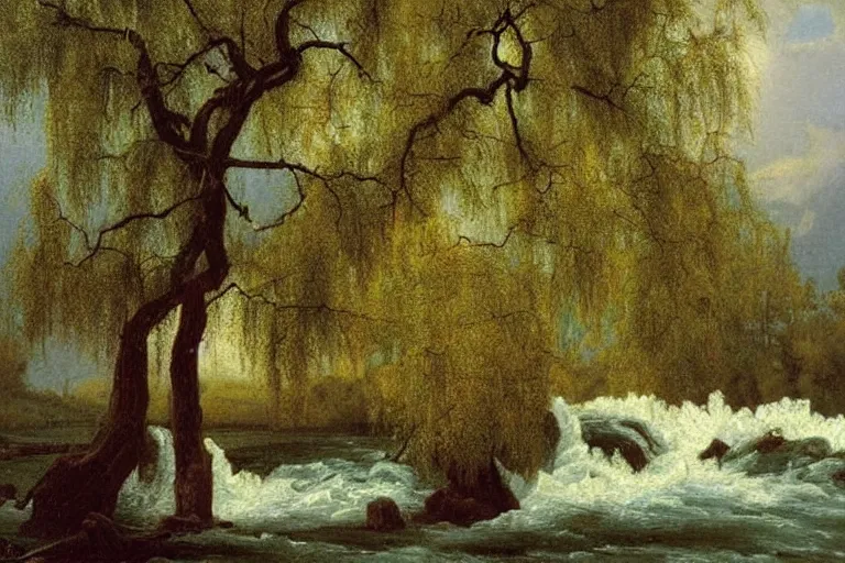 Image similar to oil painting of a willow tree next to a raging river by albert bierstadt