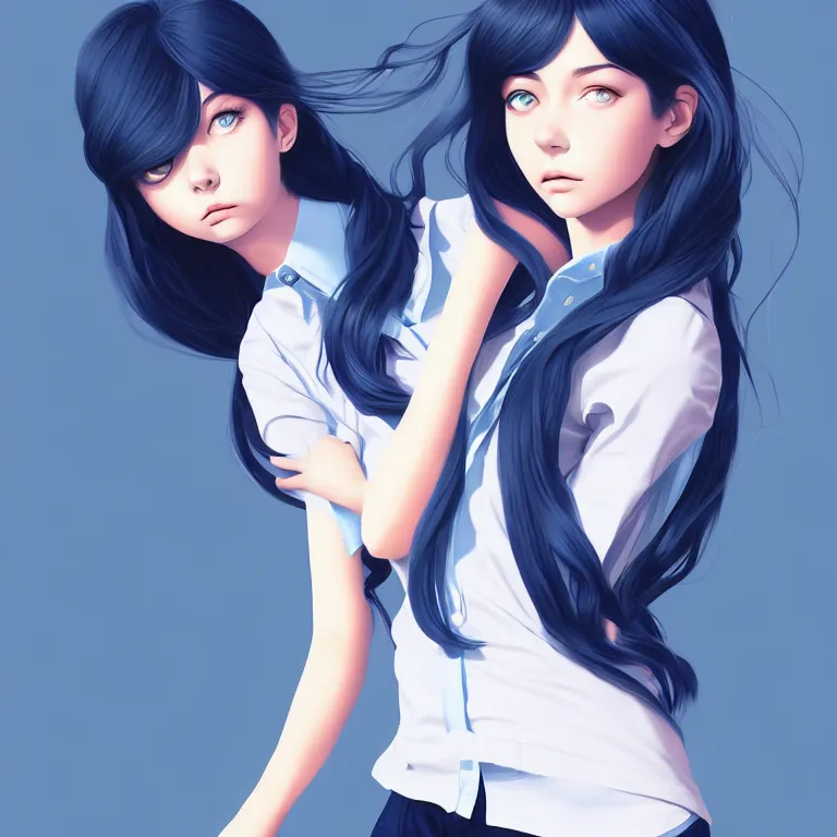 Image similar to urban high school girl in shirt fanart, dark blue long hair, muted colors, matte print, pastel colors, ornate, digital art, digital painting, fan art, elegant, artstation, by Ilya Kuvshinov