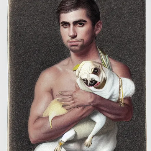 Image similar to self portrait, young white hispanic handsome man with short light brown hair and light skin and a 5 o clock shadow, holding a pug for a picture, fighting against 2 swordsmen pencil art, added detail, high definiton, colored, backfacing, illustrated by raphael