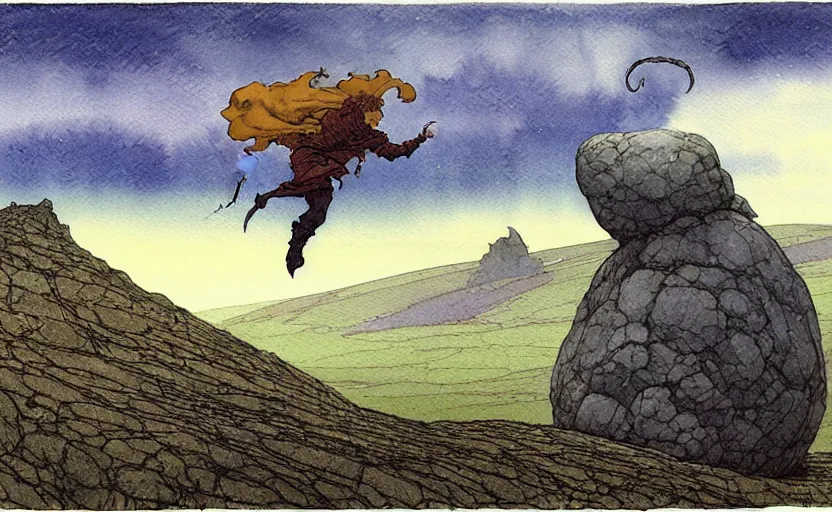 Prompt: a hyperrealist watercolour concept art of a flying rock. it is a misty night on the moors of ireland. by rebecca guay, michael kaluta, charles vess and jean moebius giraud