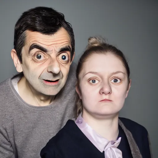 Image similar to A portrait mr bean elizabeth teams up with a teenage mr bean, perfect faces, 50 mm, award winning photography