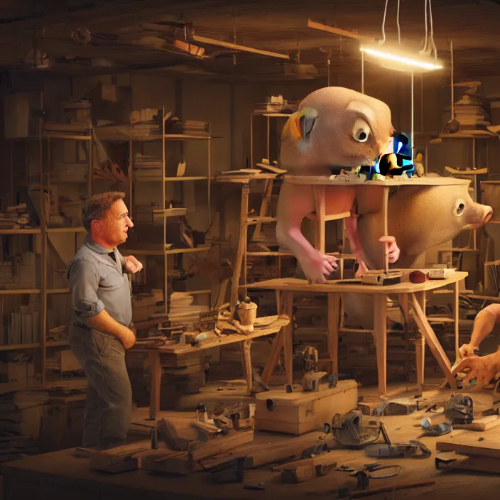 Prompt: crew of workers building giant mouse - movie prop - head in quaint workshop, octane render, 4 k ultra hd, hyper - detailed, realistic, seedy lighting, sharp focus, in style of beeple