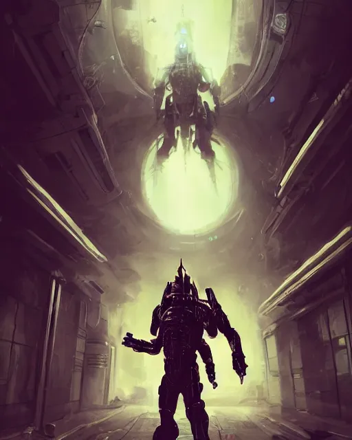 Image similar to Sci-Fi Crocodile alien, armored, big, art by Kashin, Wadim, Martinière, Stephan, Anton Fadeev, holding rifle, sharp focus, pitch black cursed evil Spaceship hallway, dark light, soft purple glow, heroic pose, sci-fi artwork, octane render, dead space artwork, cyberpunk, vivid colors, occult, magical, volumetric lighting, 8k high definition, highly detailed, trending on art Station, centered, by Greg Rutkovski, sci-fi artwork, arnold render