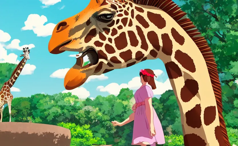 Prompt: a girl spending her day at the zoo, feeding a giraffe, a Studio Ghibli style scene, digital art, 4k