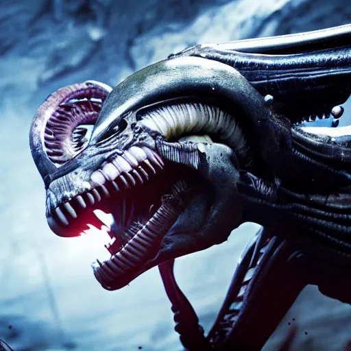 Image similar to portrait of a xenomorph roaring at a predator which has a weapon drawn. movie poster. photo 8 k.