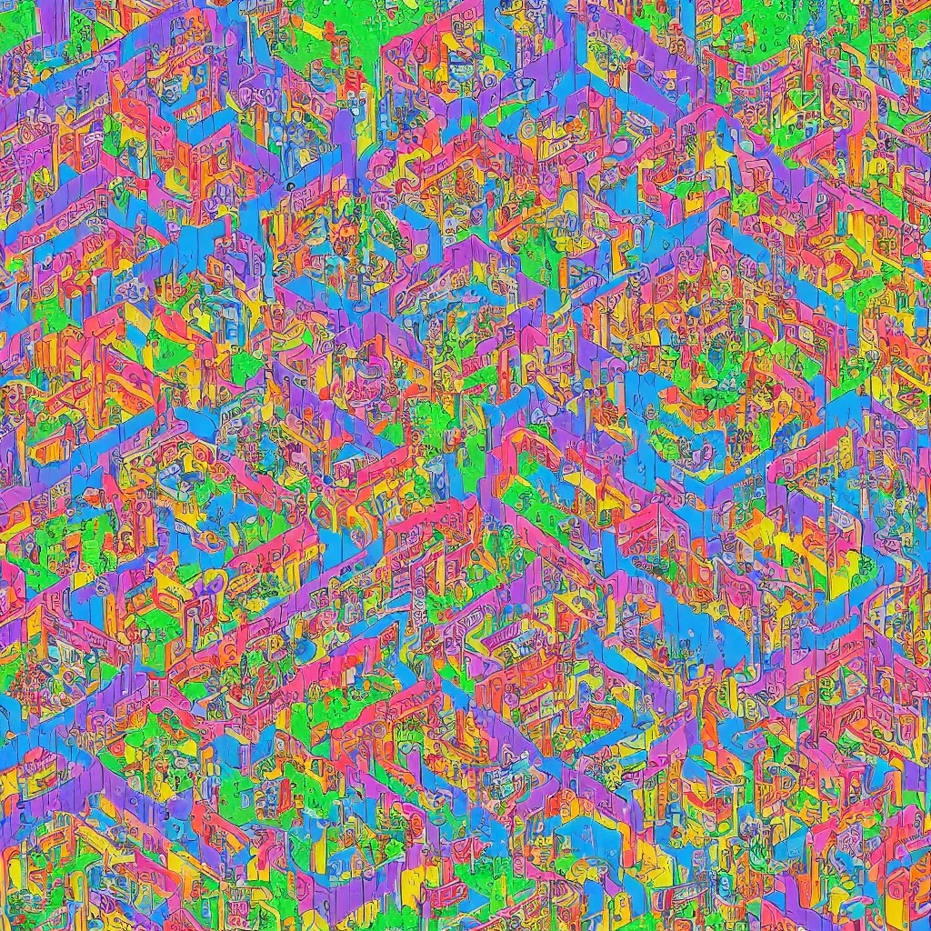 Image similar to a Where's Waldo puzzle of a chinese prison by lisa frank, beautiful, bold colors, detailed