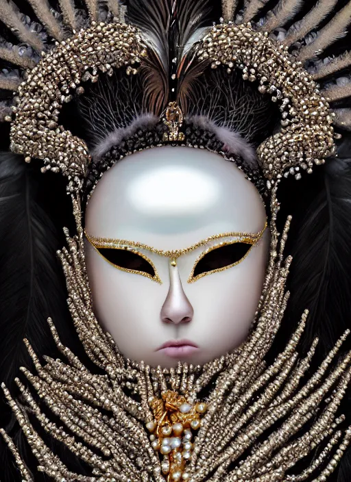 Image similar to hyperrealism, detailed textures, award winning autochrome photo, symetrical japanese pearl, beautiful animal pearl photo queen portrait, autochrome pearl portrait, pearls, black feathers, silverplate, intricate, detailed facial pearl scary animal mask, pearl, golden jewelery, silverplate, ultra realistic, cinematic, intricate, by steve mccurry, unreal engine 8 k