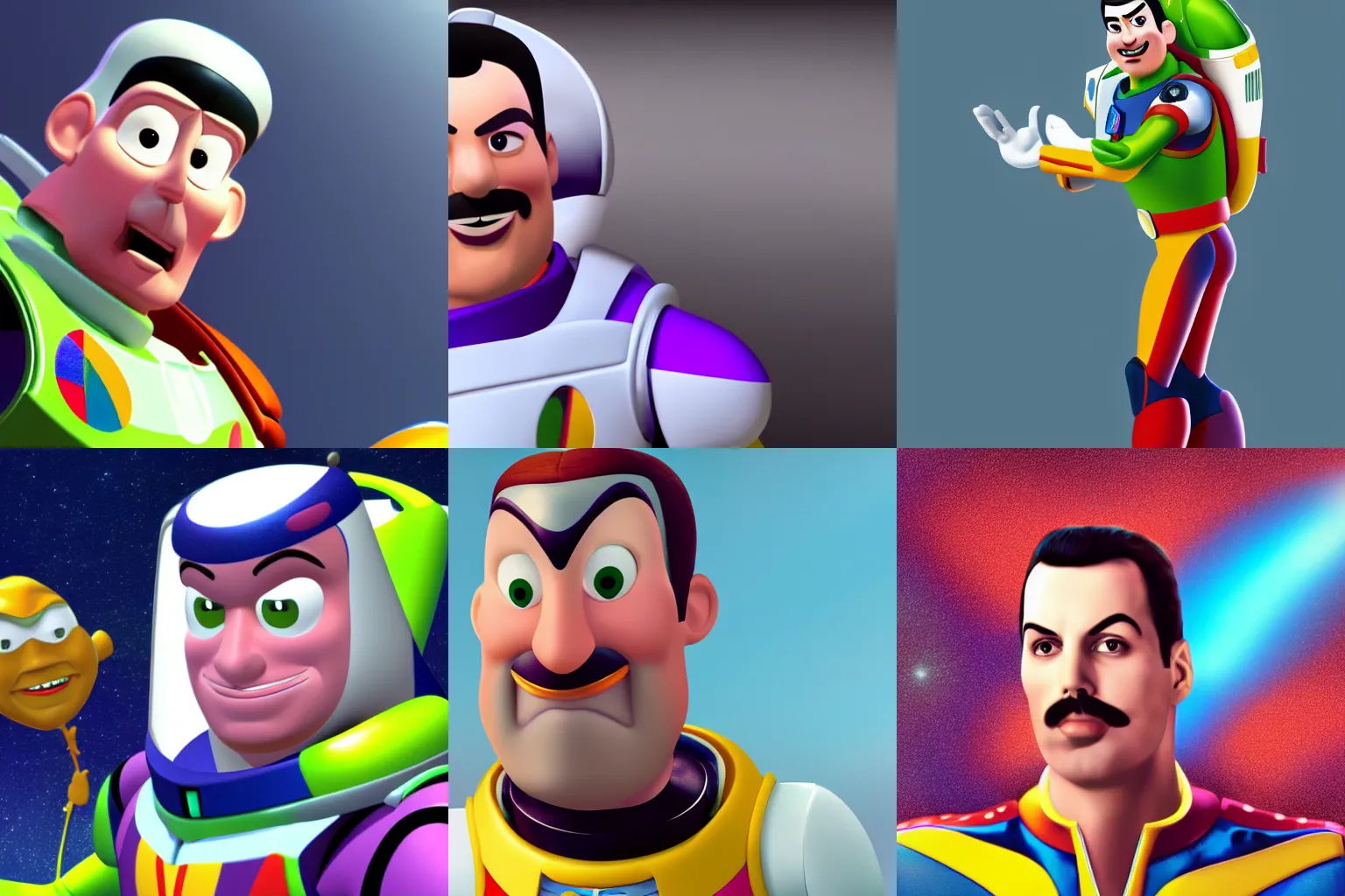 Prompt: Freddie Mercury in Buzz Lightyear suit, looking at the camera and smiling, 4k, artstation