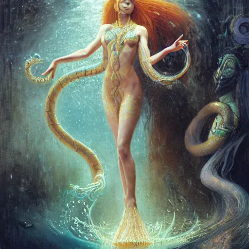 Image similar to birth of mami wata, sumerian goddess inanna ishtar, ashteroth, techno mystic goddess princess intergalactica, with aqua neon rapunzel dreadlocks, mami wata, detailed, by gaston bussiere, bayard wu, greg rutkowski, giger, maxim verehin, greg rutkowski, masterpiece, sharp focus,