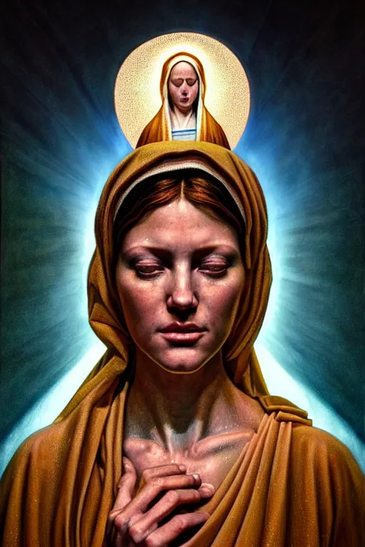 Image similar to hyperrealistic mixed media painting of Mother Mary, a halo about her head, full body, stunning 3d render inspired art by P. Craig Russell and Barry Windsor-Smith + perfect facial symmetry + dim volumetric lighting, 8k octane beautifully detailed render, post-processing, extremely hyperdetailed, intricate, epic composition, grim yet sparkling atmosphere, cinematic lighting + masterpiece, trending on artstation, very very detailed, masterpiece, stunning