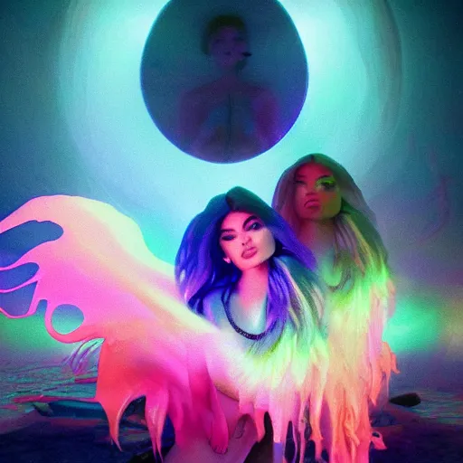 Image similar to KYLIE JENNER with pistol swimming in chromatic SPIRITS in misty mysterious astral temple, beautiful, dmt, trending on artstation, omnious, soft, REALISTIC