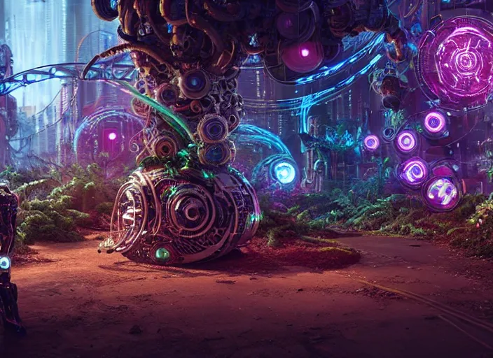 Image similar to giant intricate mechanical snail with cybernetic enhancements and visible gears and fiber optics, on the background of a weird magical mechanical forest. Very detailed 8k. Fantasy cyberpunk horror. Sharp. Cinematic post-processing. Unreal engine. Nanite. Ray tracing. Parallax. Tessellation