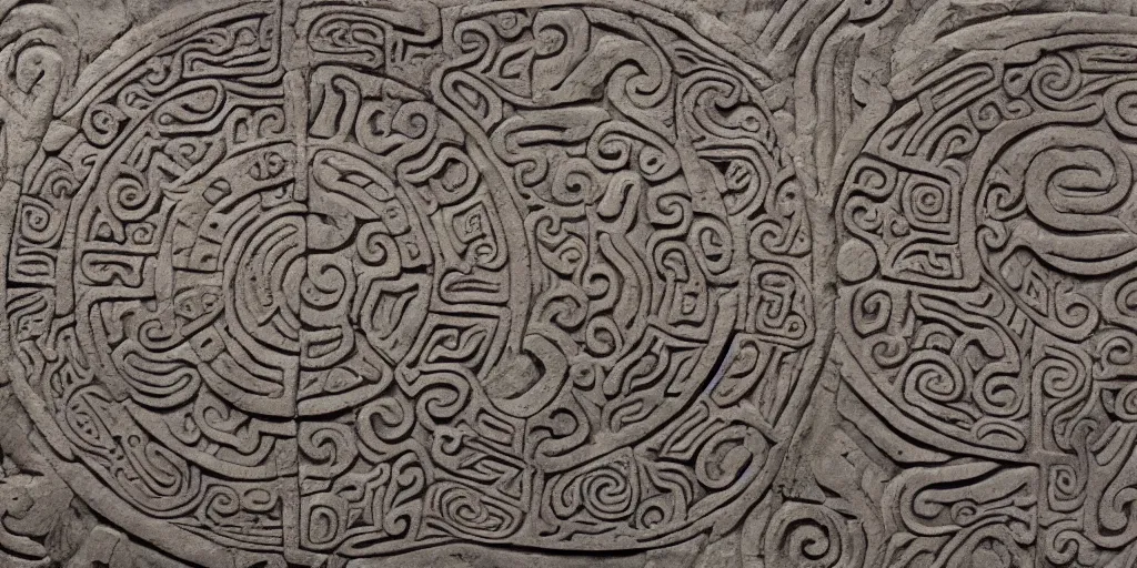 Prompt: decorative stone panel ornamented with carvings depicting Mayan gods upon a ufo. Mayan artifact, 4K high quality museum collection photograph