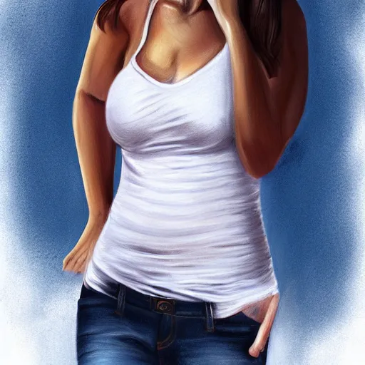 Prompt: woman in jeans wih belly, white t - shirt, realistic style, digital painting, diego fazio, samuel silva