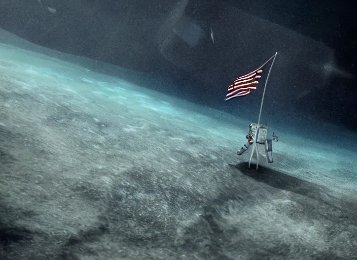 Image similar to astronaut underwater putting a flag in the sand of the bottom of the ocean. a submarine is visible in the distance. dark, concept art, cinematic, dramatic, atmospheric, 8 k, trending on artstation, low visibility, fog, ocean floor, christopher nolan, interstellar