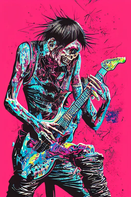 Image similar to risograph of a punk zombie playing guitar, tristan eaton, victo ngai, artgerm, rhads, ross draws, intricated details