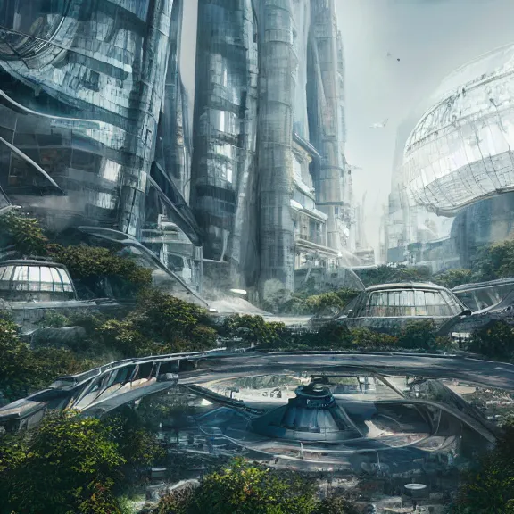 Image similar to environment concept art location of a giant outdoor amphitheater in a sci-fi eco-city, skybridges, turrets, busy, futuristic, unreal engine, detailed, octane render, 4k, photorealistic, cinematic lighting