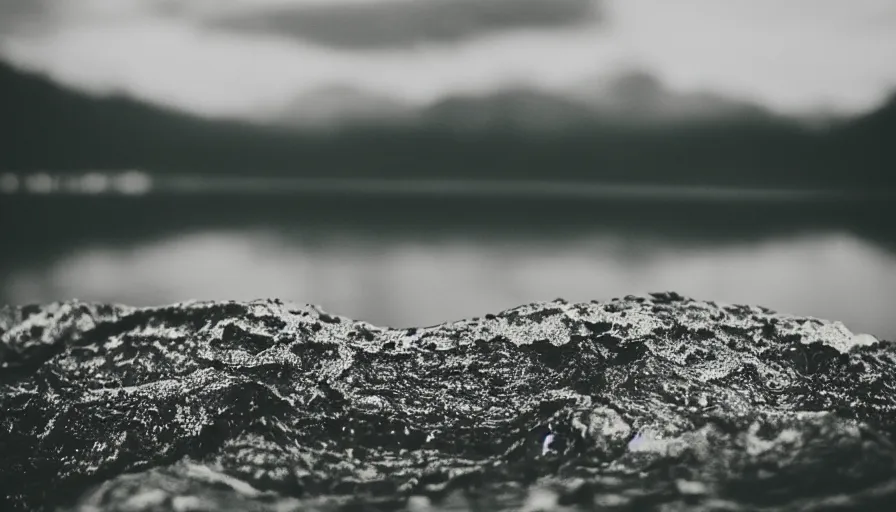 Prompt: photo of a rope on the surface of water, in the middle of a lake, overcast day, rocky foreground, 2 4 mm leica anamorphic lens, moody scene, stunning composition, hyper detailed, color kodak film stock