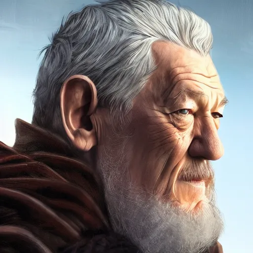 Prompt: Digital painting of Ian McKellen as Odin, wearing an brown leather eyepatch, two ravens in the background, hyperdetailed, artstation, cgsociety, 8k