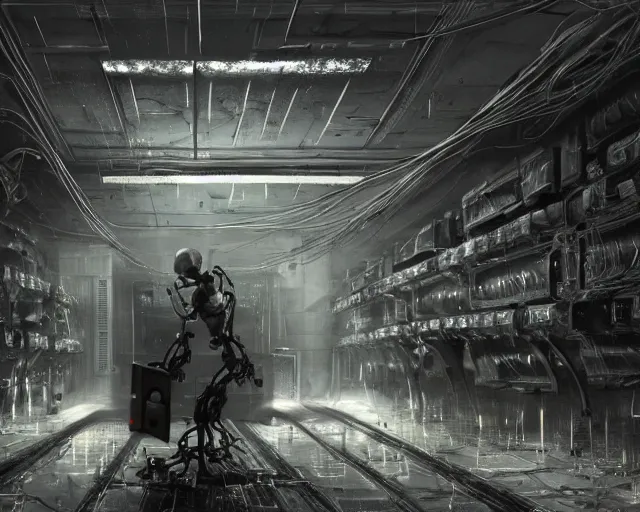 Prompt: gloomy colossal ruined server room in datacenter robot figure automata headless drone robot knight welder posing pacing fixing soldering mono sharp focus, emitting diodes, smoke, artillery, sparks, racks, system unit, motherboard, by pascal blanche rutkowski artstation hyperrealism cinematic dramatic painting concept art of detailed character design matte painting, 4 k resolution blade runner