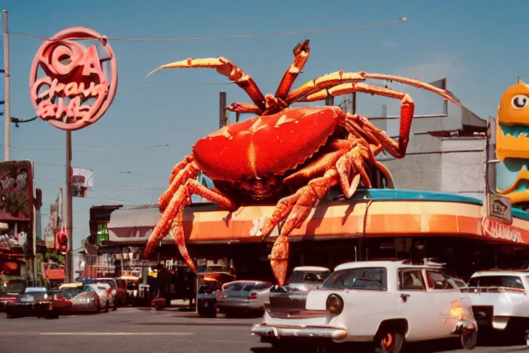 Image similar to 2 0 1 5 cute giant crab terrorizing a city, googie city, americana, fishcore, hd 8 k, photography cinestill
