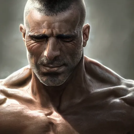 Image similar to proud muscular turkish warrior, portrait by Cedric Peyravernay, highly detailed, excellent composition, cinematic concept art, dramatic lighting, trending on ArtStation