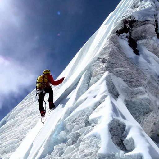 Prompt: award winning photograph of a climber at the top of mount everest