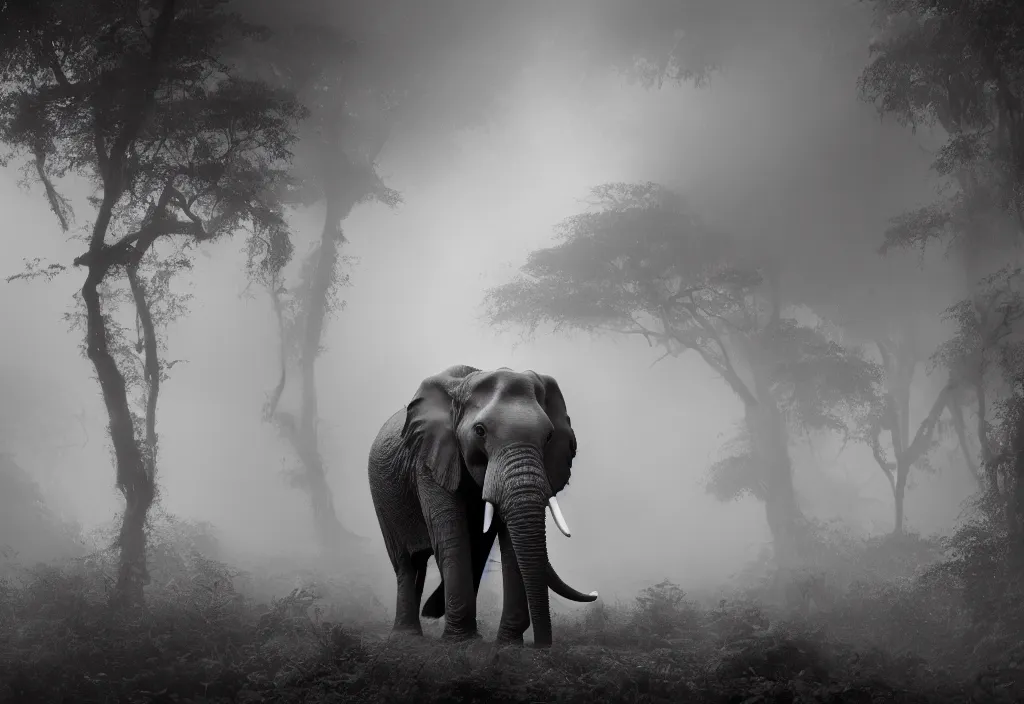 Image similar to an elephant king, his trunk is a long tentacle, in a jungle with ominous light from above, ambient light, fog, river, symmetrical, poetic