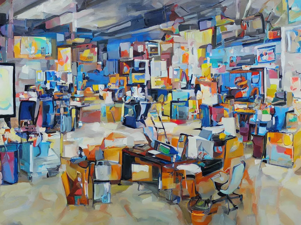 Image similar to painting gallery workplace, art style by bryen frost