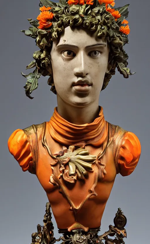 Image similar to a young handsome latino porcelain prince sculpture with a face of a CRT monitor and a large glowing orange crystal in the center of his chest, full-body bronze cyberpunk style statue of Andromeda with glowing green laser eyes, crown of mechanical chrysanthemums, flowing aqua silk, fabric, steampunk flowers. baroque elements, human hands. full-length view. baroque element. intricate artwork by caravaggio. many flying horses on background. Trending on artstation, octane render, cinematic lighting from the right, hyper realism, octane render, 8k, depth of field, 3D