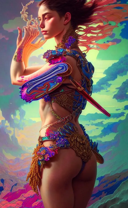 Image similar to hyper detailed ultra sharp of a beautiful warrior girl. trending on artstation, vaporwave aesthetic, synthwave, colorful, psychedelic, ornate, intricate, digital painting, concept art, smooth, sharp focus, illustration, art by artgerm and greg rutkowski and alphonse mucha, 8 k