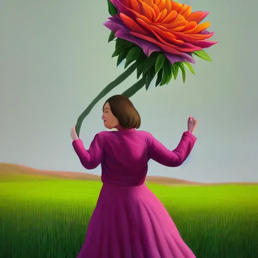 Image similar to huge flower as head, woman walking in a field, surreal, flat light, painting, digital painting, artstation, georgia o'keeffe