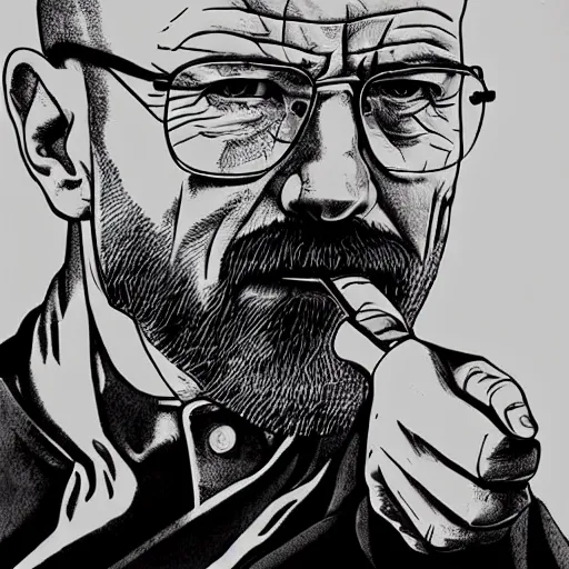 Image similar to Walter White pointing a pistol at you, lineart